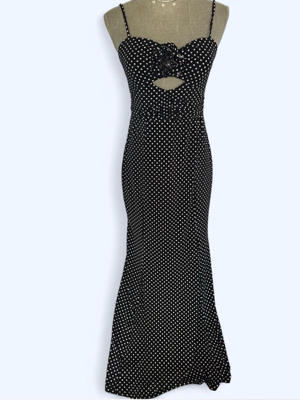 Black Polka Dot Spaghetti-Strap Maxi Dress with Front Cutout